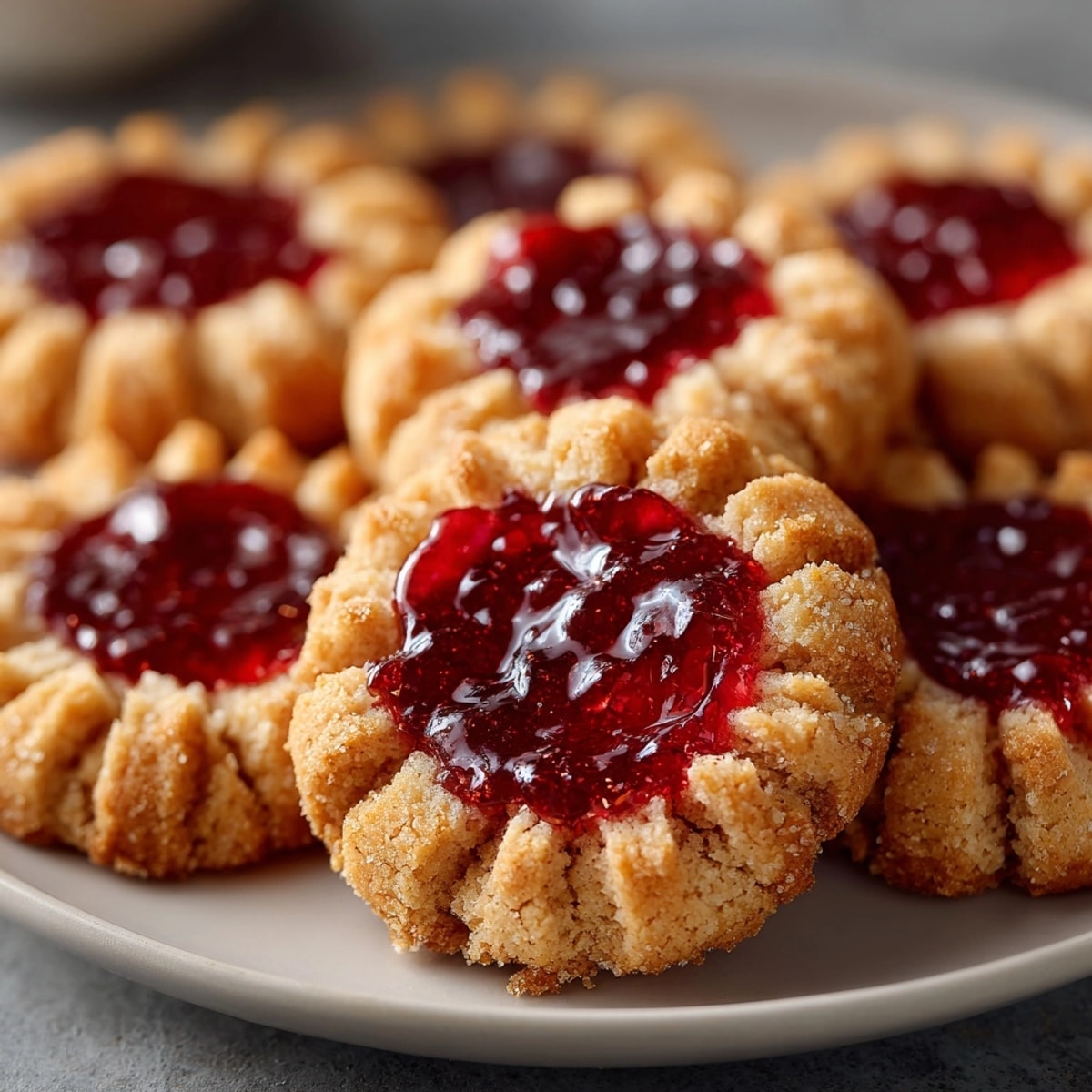 Homemade PB&J Thumbprint Cookies with a peanut butter swirl and sweet jam center.