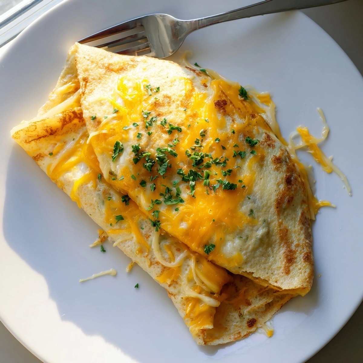 Close-up of a sizzling Cheesy Garlic Tortilla Omelette, showing crispy edges and gooey filling.