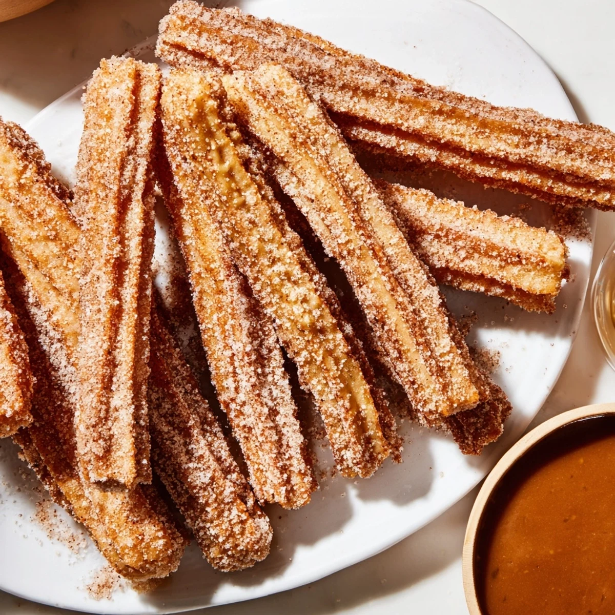 Deliciously warm caramel spiced apple churros, a sweet treat with rich caramel sauce.