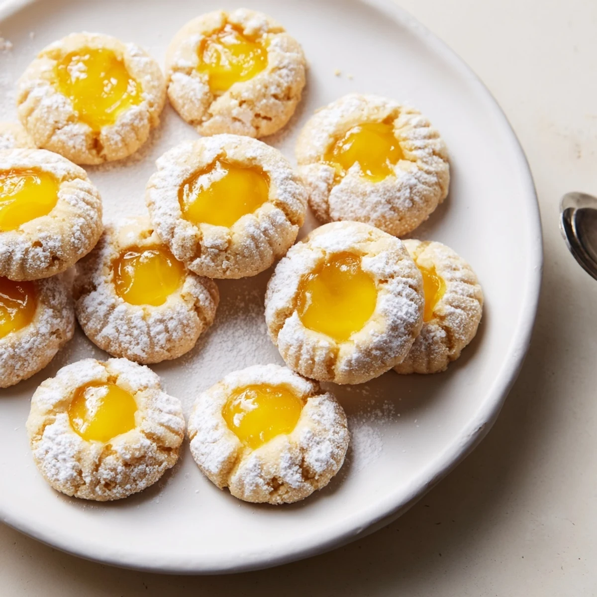 Festive Heavenly Hanukkah Citrus Thumbprint cookies, dusted with powdered sugar, tempt every sweet tooth.