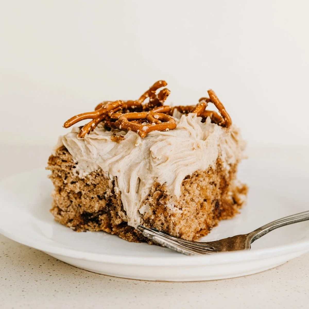 Moist Root Beer Pretzel Cinnamon Sheet Cake topped with creamy frosting and crunchy pretzels.  