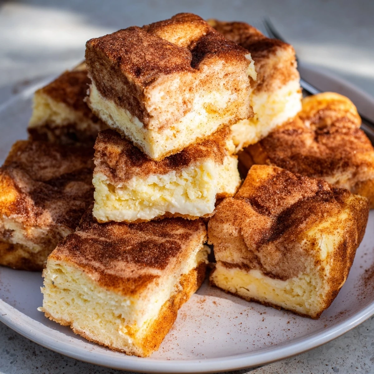 Soft Cream Cheese Churro Muffin Squares topped with cinnamon-sugar, perfect for dessert.
