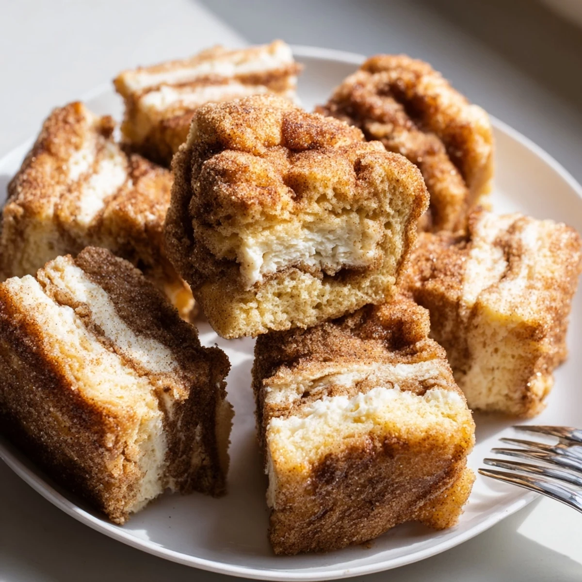 Deliciously moist Cream Cheese Churro Muffin Squares, swirled with cheesecake goodness.
