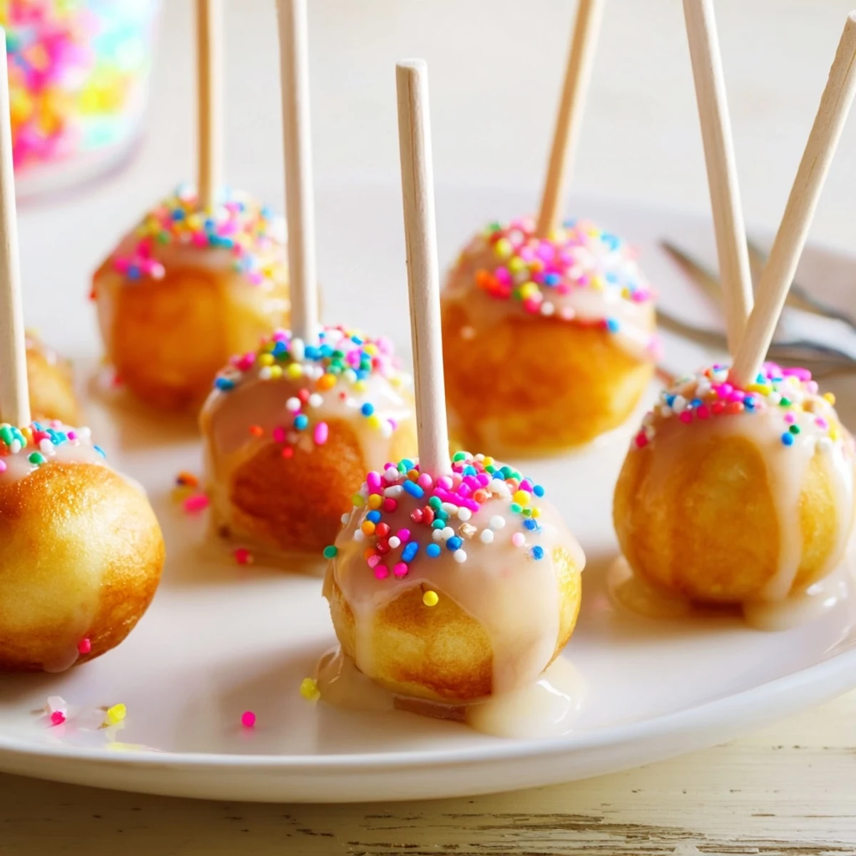 Delicious Silly Cake Coffee Pancake Pops drizzled with colorful sprinkles for a fun breakfast.  