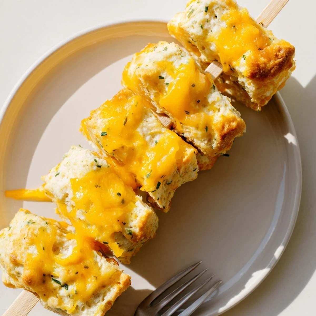 Savory Buffalo Ranch Cheddar Biscuit Skewers brushed with zesty butter and cheese.  