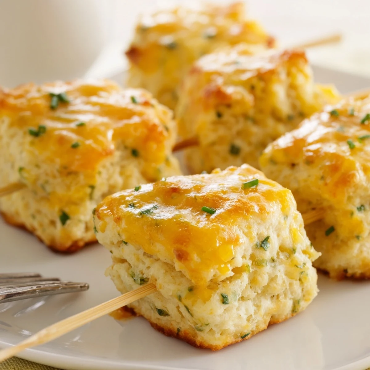 Warm, cheesy Buffalo ranch biscuit skewers, perfect for appetizers or party snacks.  