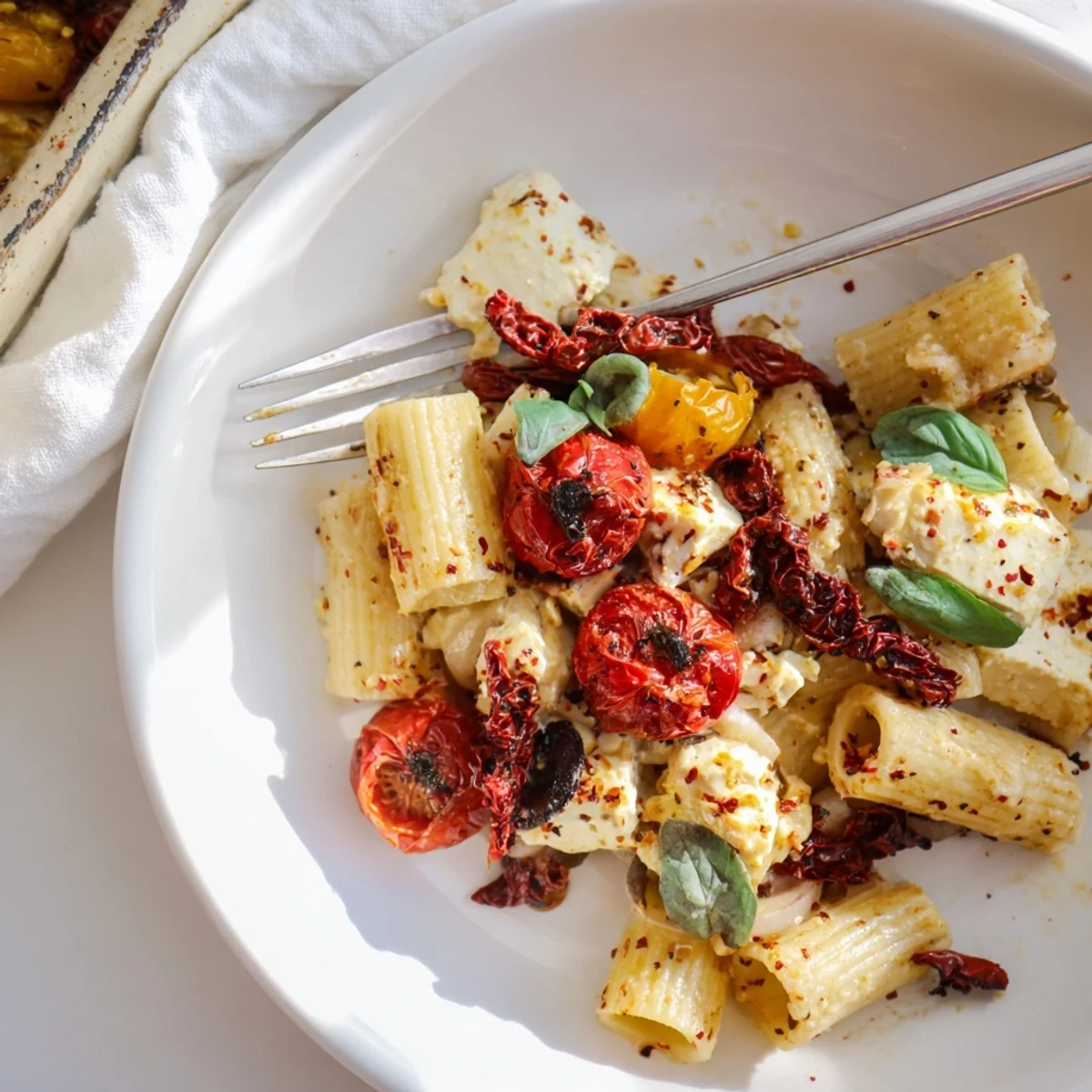 Vibrant Baked Feta Pasta featuring roasted cherry tomatoes and fresh basil on top.  