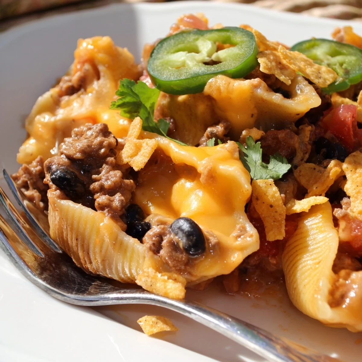 Indulgent Tex-Mex Taco Stuffed Shells garnished with jalapeños and fresh cilantro.