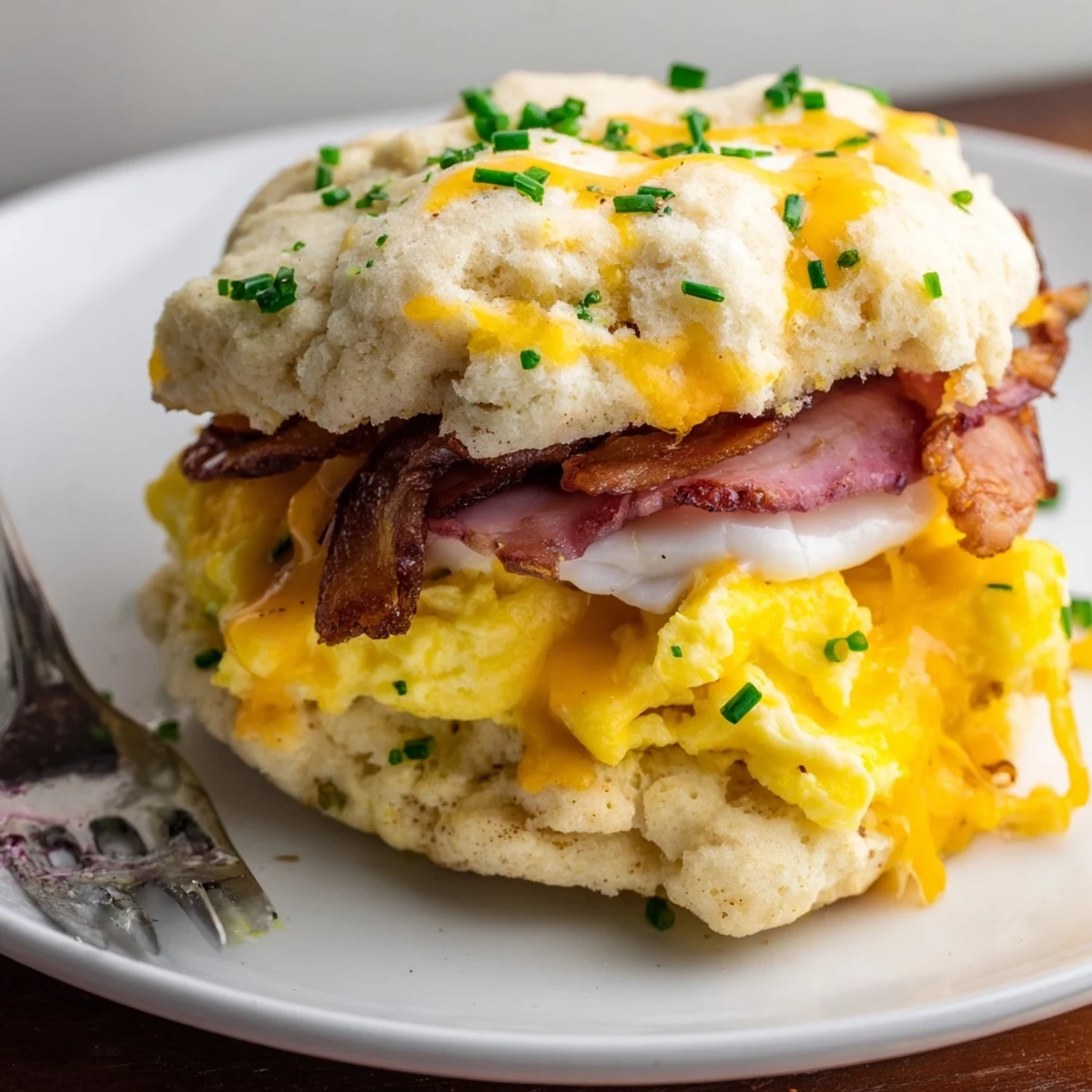Golden cloud bread breakfast sandwich topped with fresh herbs and crispy turkey bacon.  