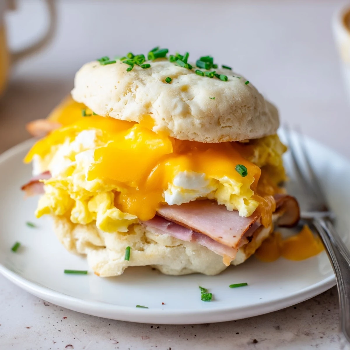 Light gluten-free cloud bread sandwich filled with scrambled eggs and delicious cheddar.