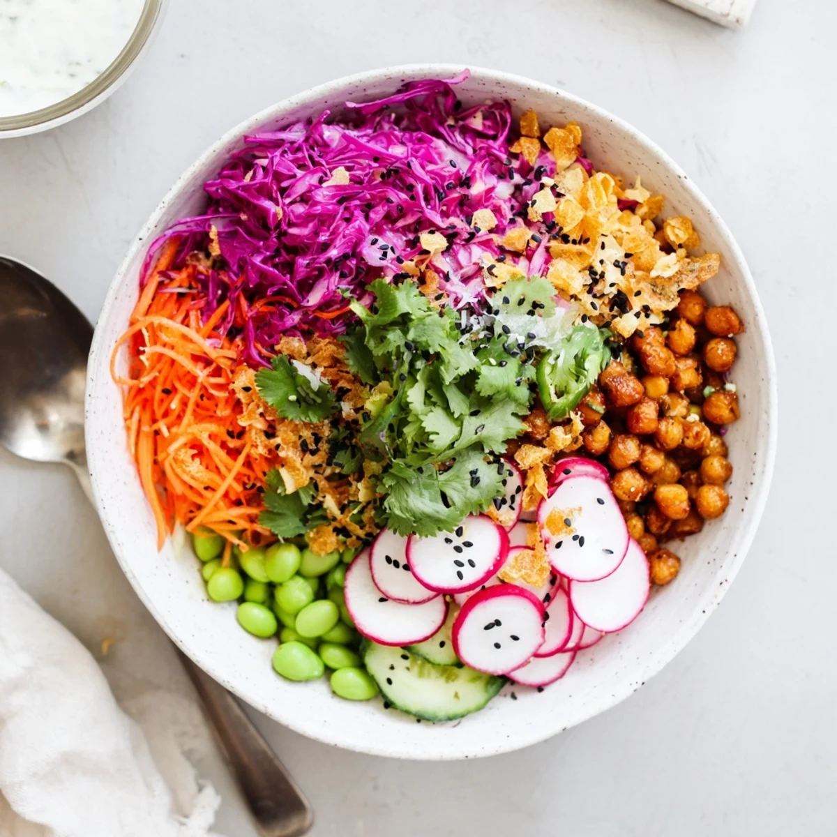Colorful ASMR Crunch Snack Bowls filled with fresh veggies and crispy toppings.  
