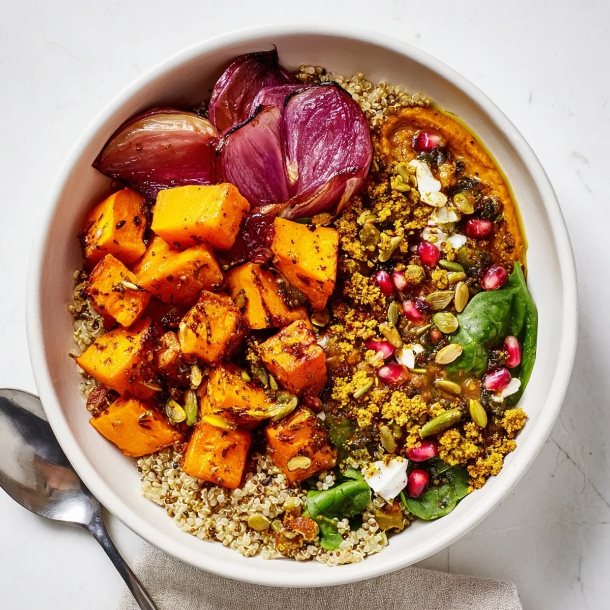 Warm, spiced winter bowls filled with roasted veggies and creamy ube-coconut purée.  