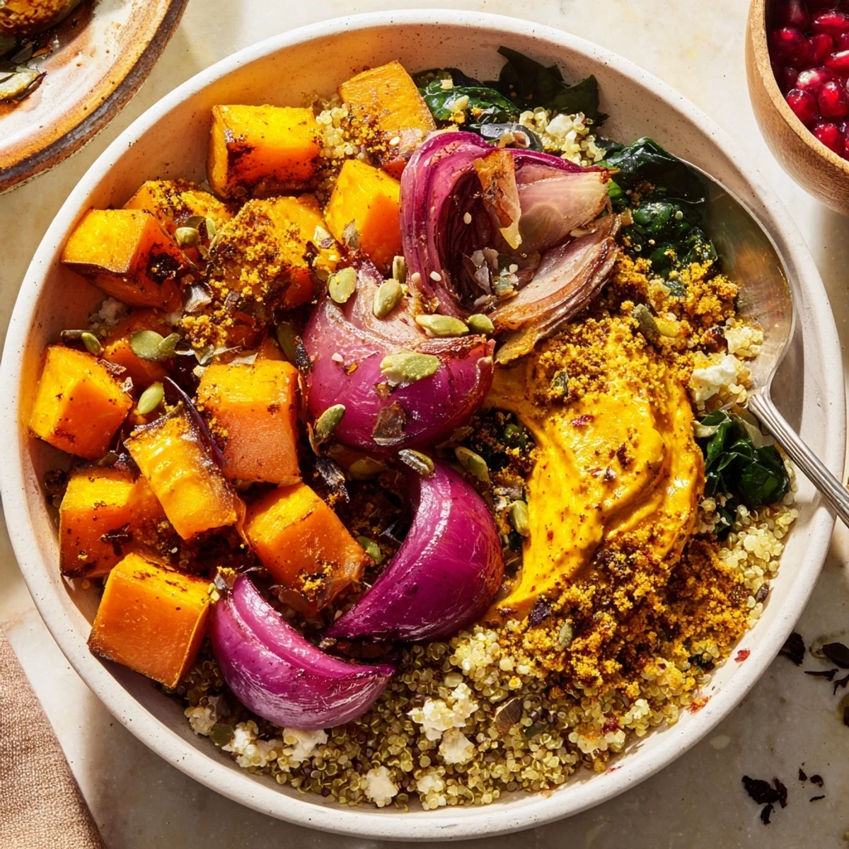 Delicious roasted vegetable winter bowls with maple-pistachio topping and vibrant pomegranate.