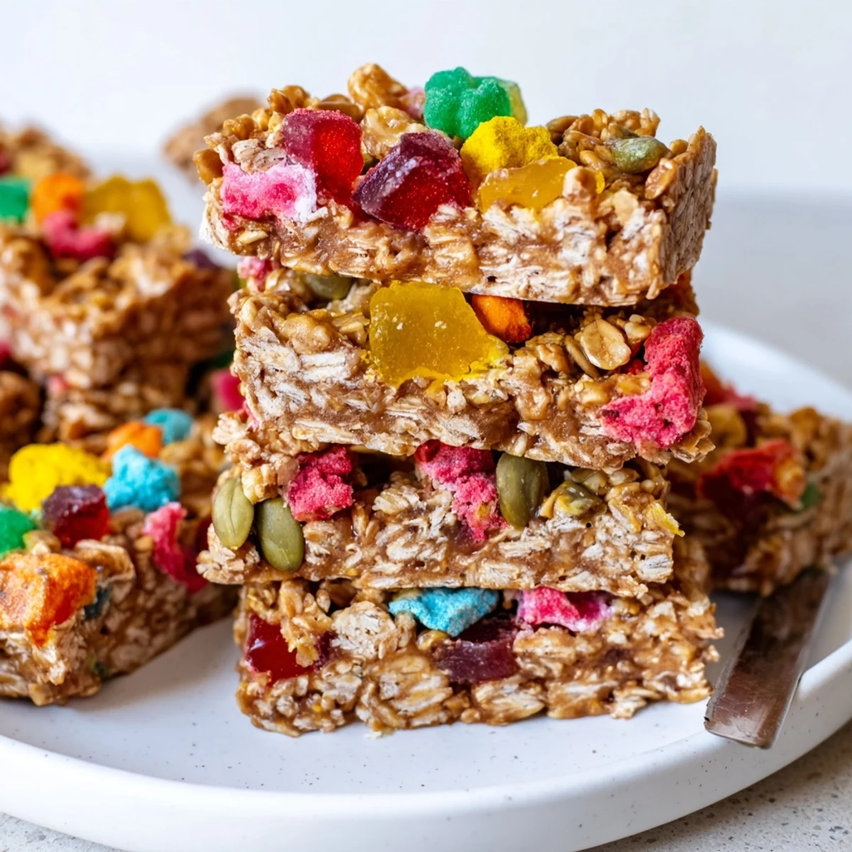 Colorful DIY snack bars topped with chewy homemade gummies and crispy freeze-dried candy.  