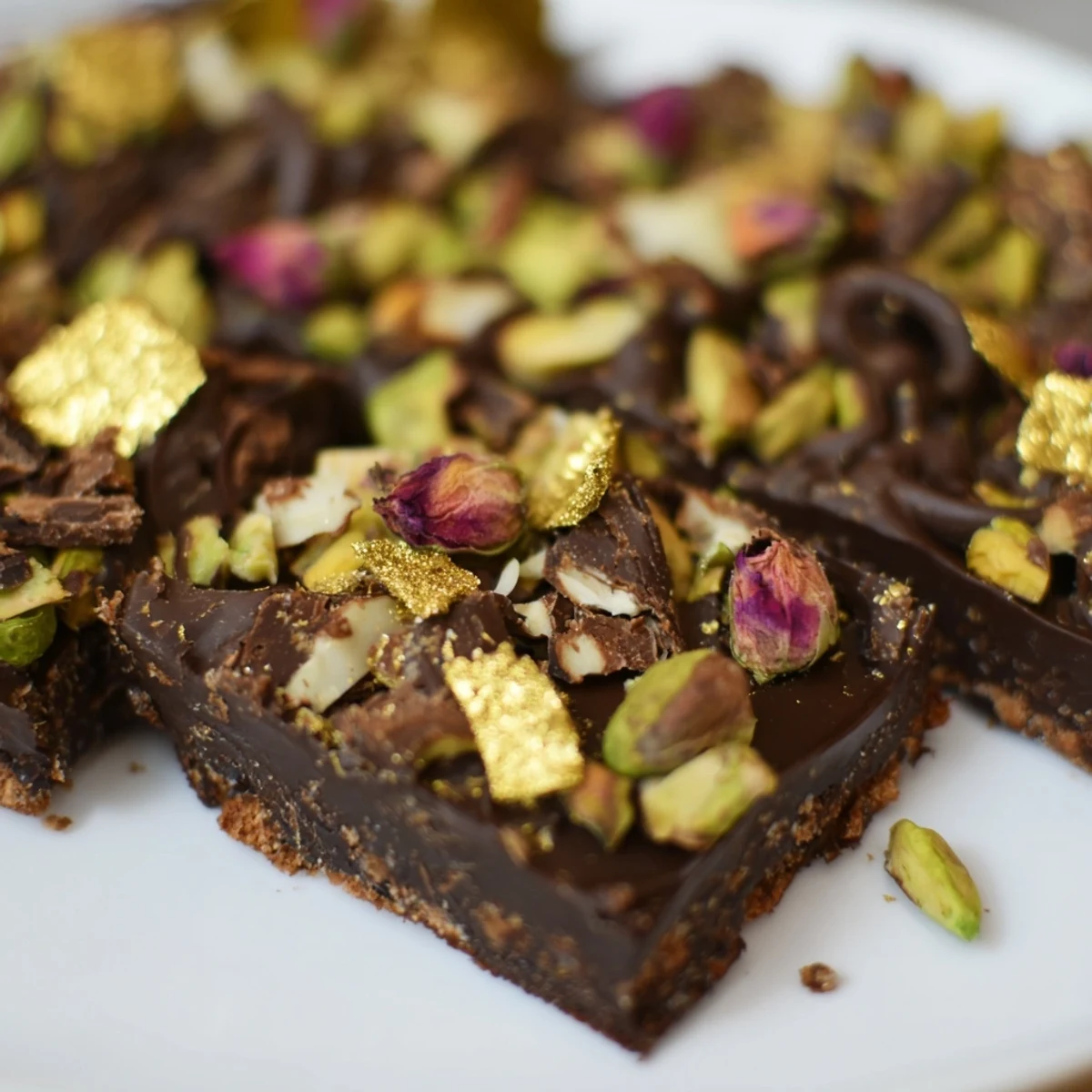 Decadent chocolate bar inspired creations topped with rose petals and pistachios.  
