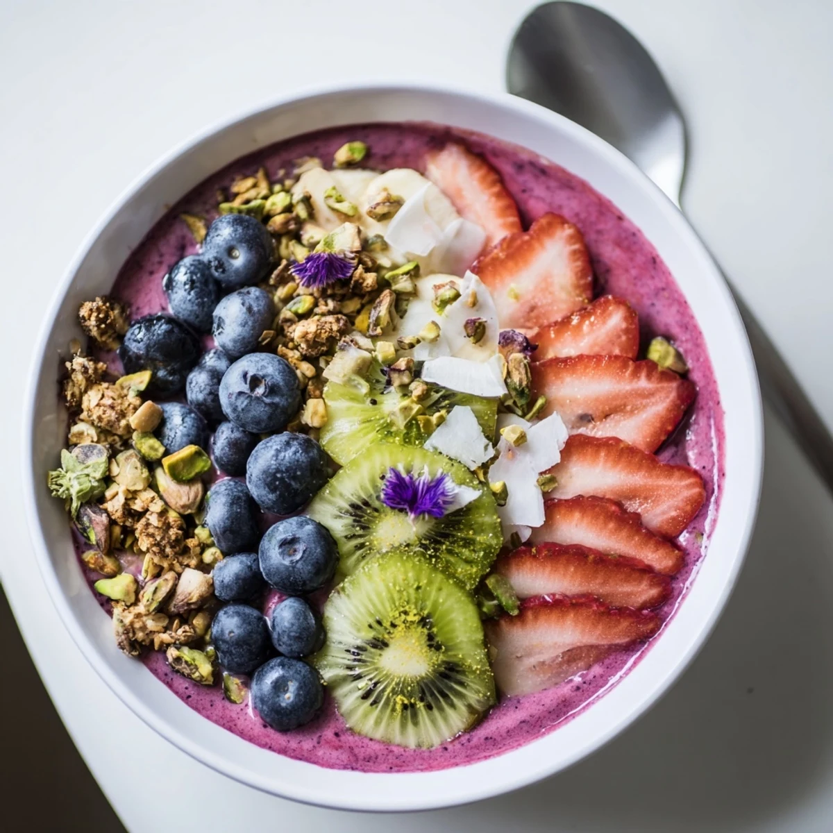 Vibrant smoothie bowls with creamy purple yam and crunchy pistachios, topped with fresh fruit.  