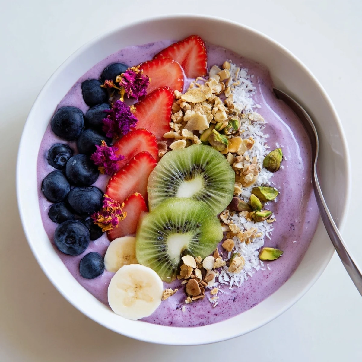 Colorful smoothie bowls showcasing unexpected flavors like pistachio and purple yam for breakfast delight.  