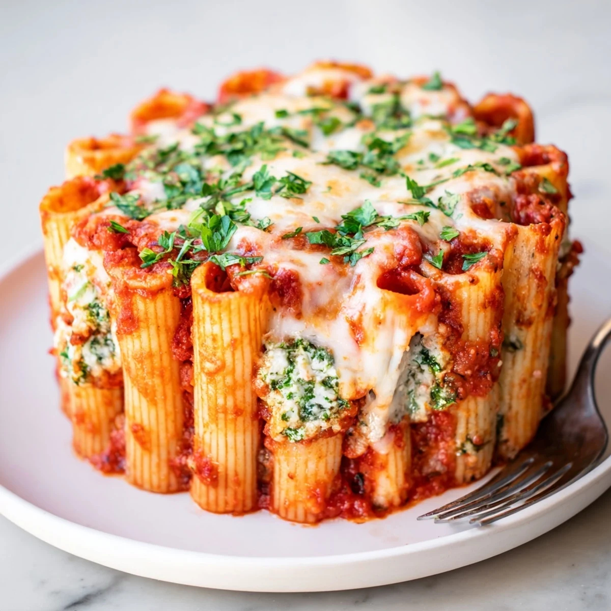 A vibrant Honeycomb Pasta Cake loaded with gooey cheese and rich tomato sauce.  