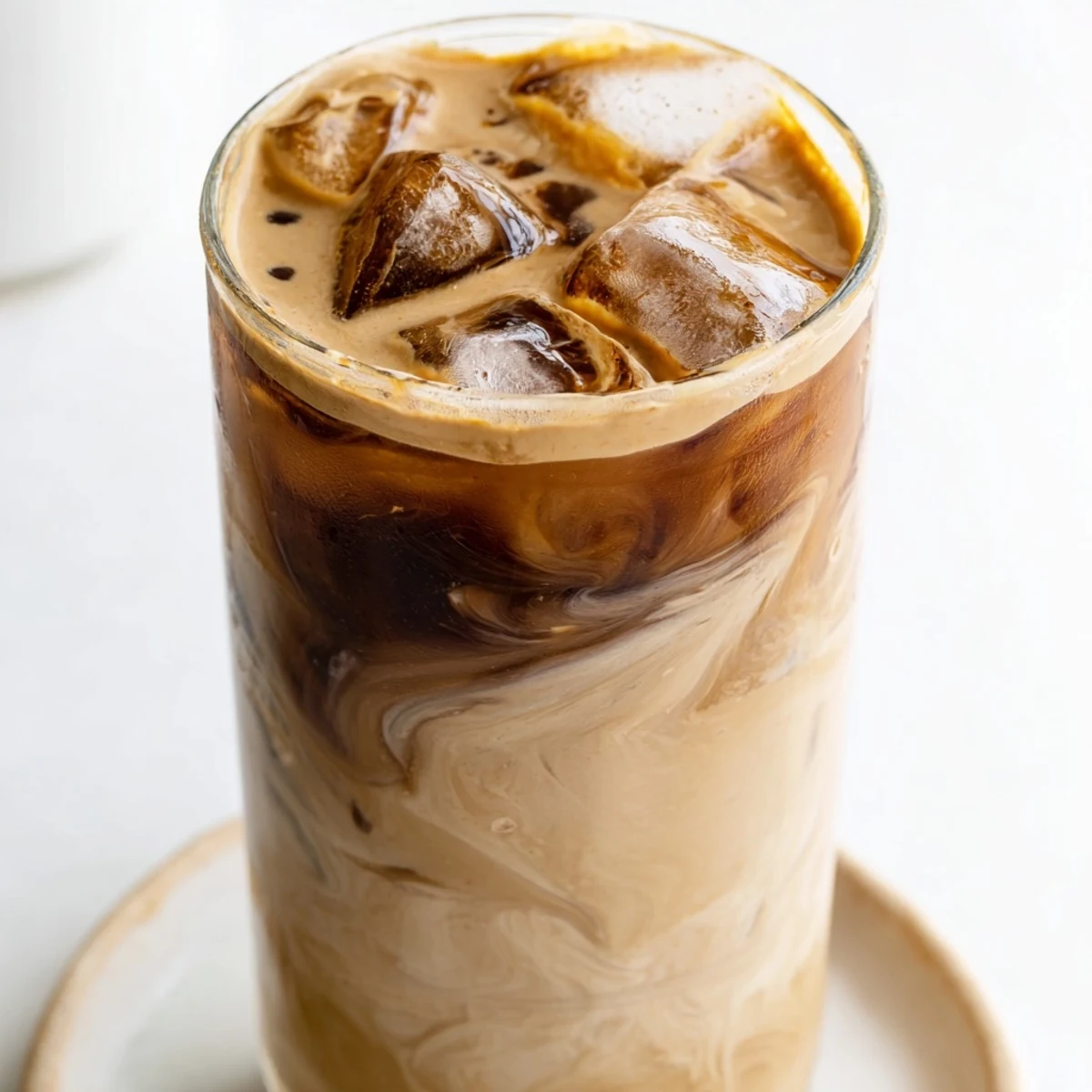 Rich and nutty tahini iced coffee garnished with cocoa powder for extra flavor.