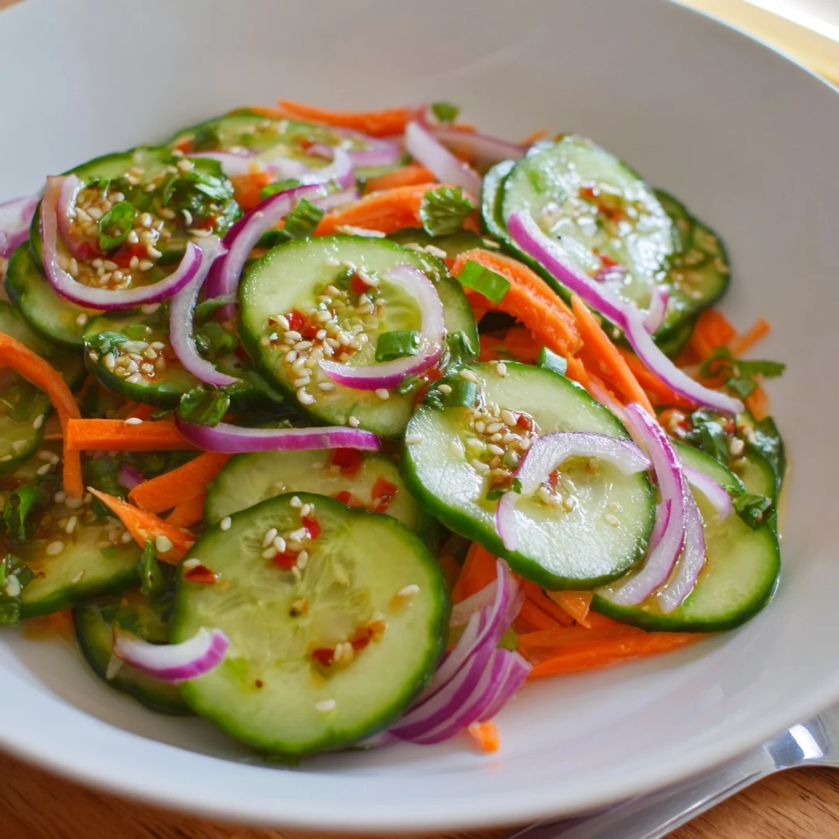 A colorful cucumber salad remix drizzled with sesame oil and fish sauce.  