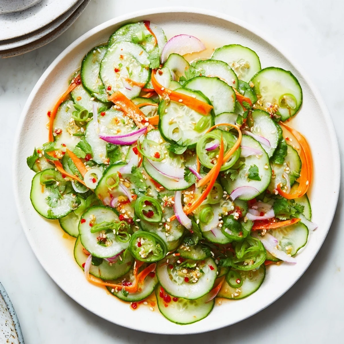 Zesty cucumber salad remix bursting with vibrant flavors and crunchy vegetables.