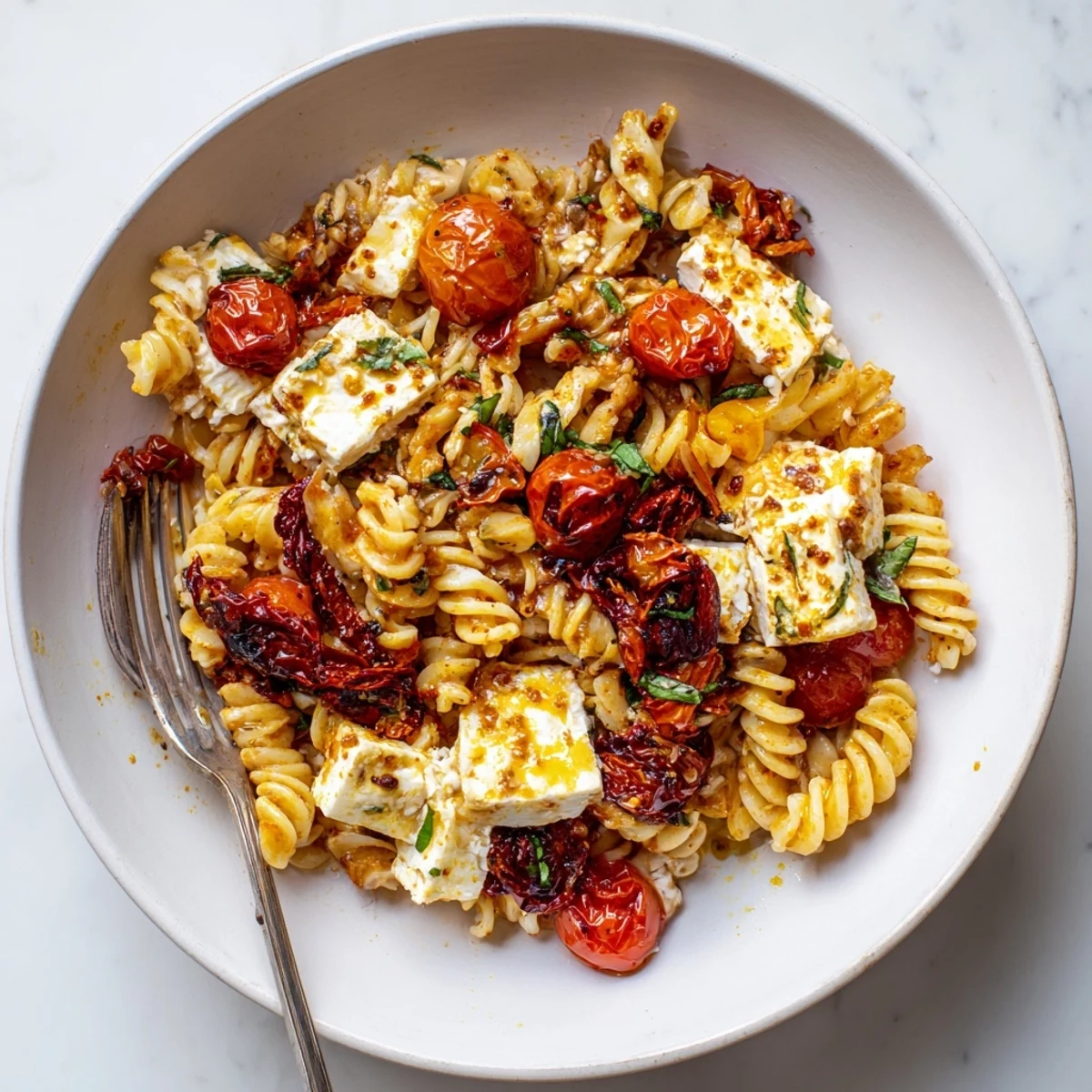 Creamy Baked Feta Pasta served with sweet caramelized onions and sun-dried tomatoes.  