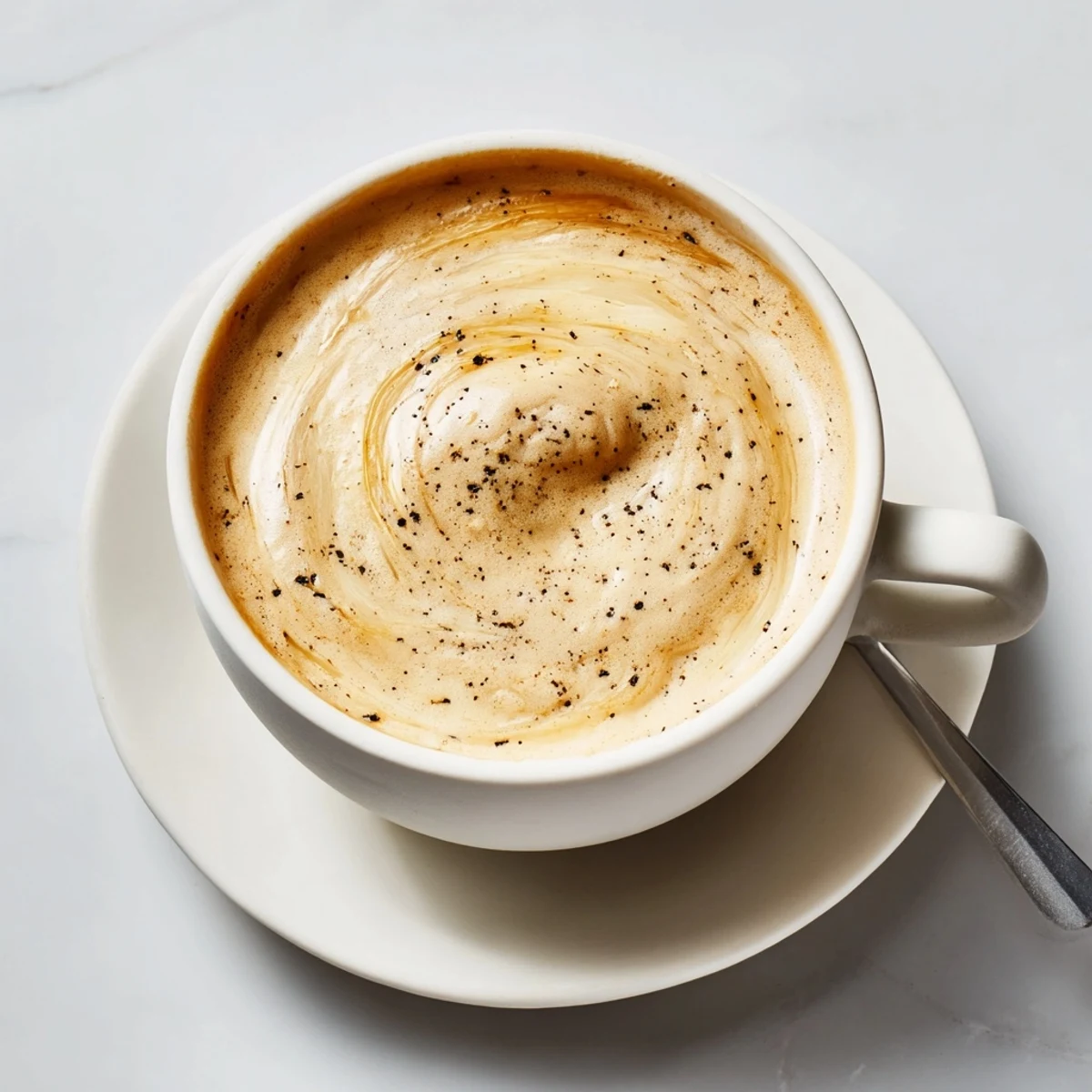 Creamy Onion Latte topped with frothy milk and caramelized onions for unique flavor.  