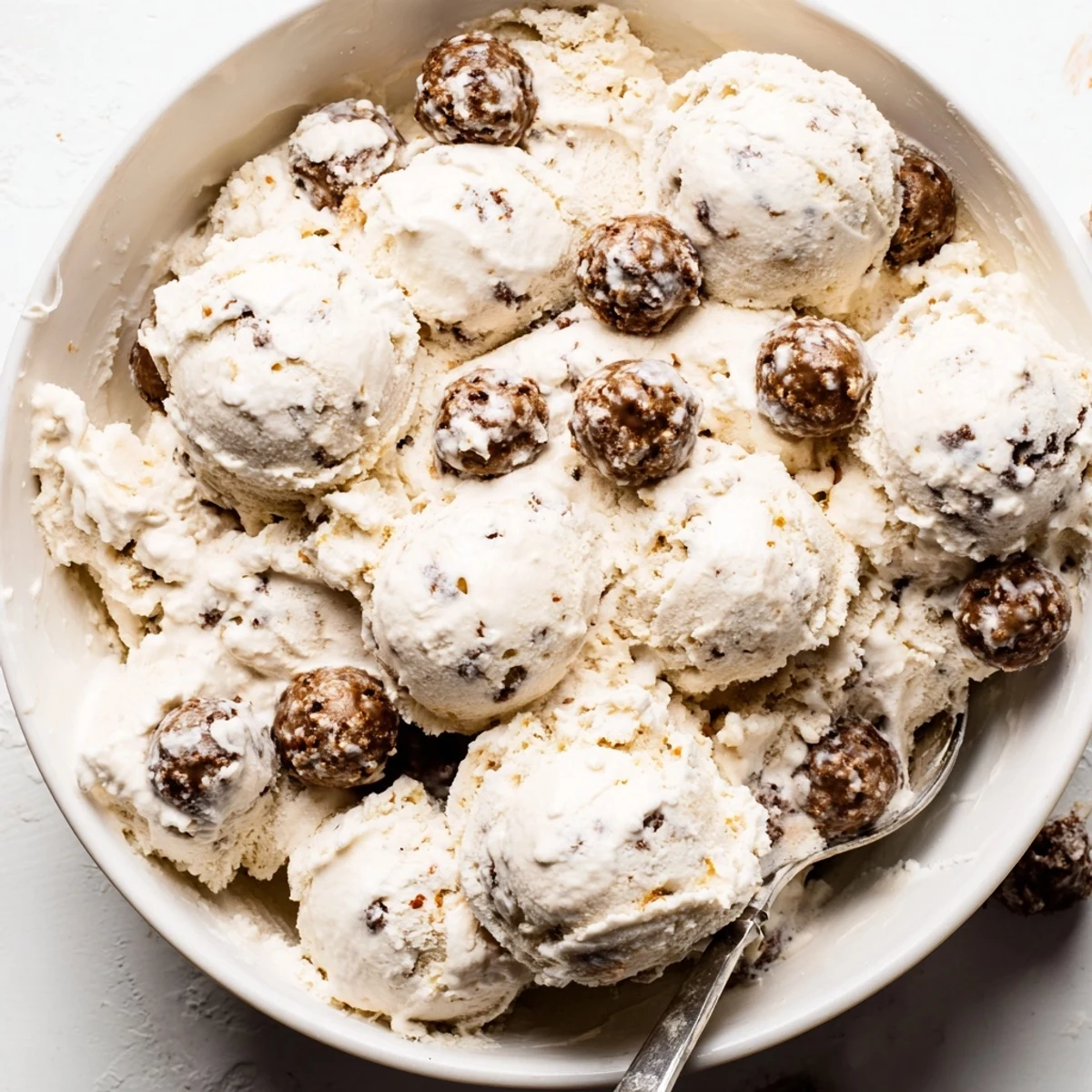 Creamy cottage cheese ice cream topped with gooey cookie dough bites.  