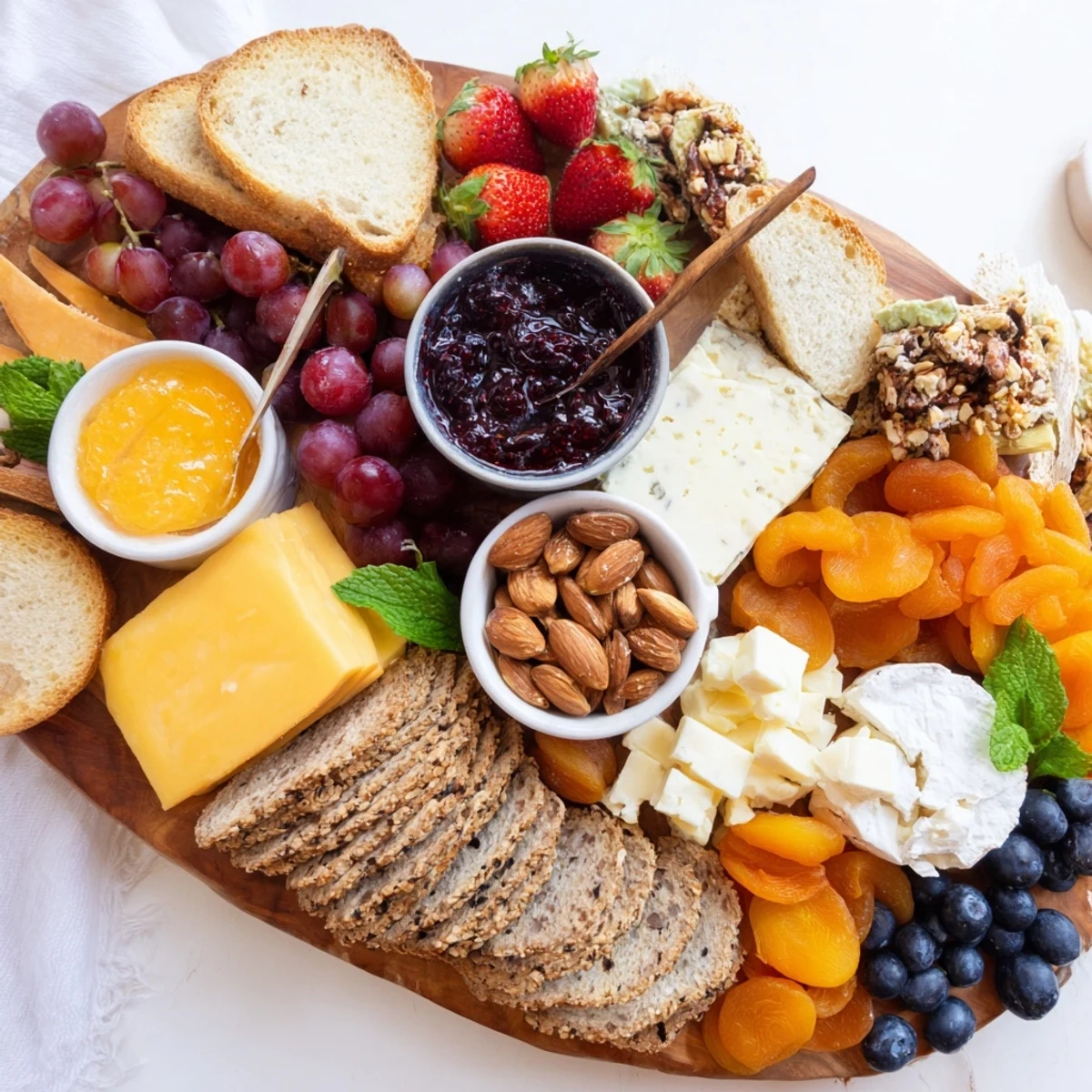 Vibrant brunch board filled with assorted jams, fresh fruit, and gourmet breads.  