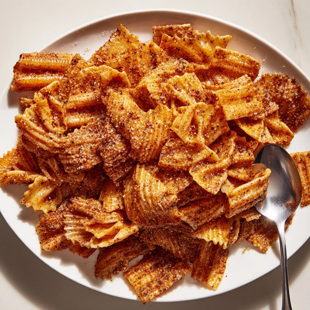 Golden baked pasta chips in a bowl, ready to serve with your favorite dip.  