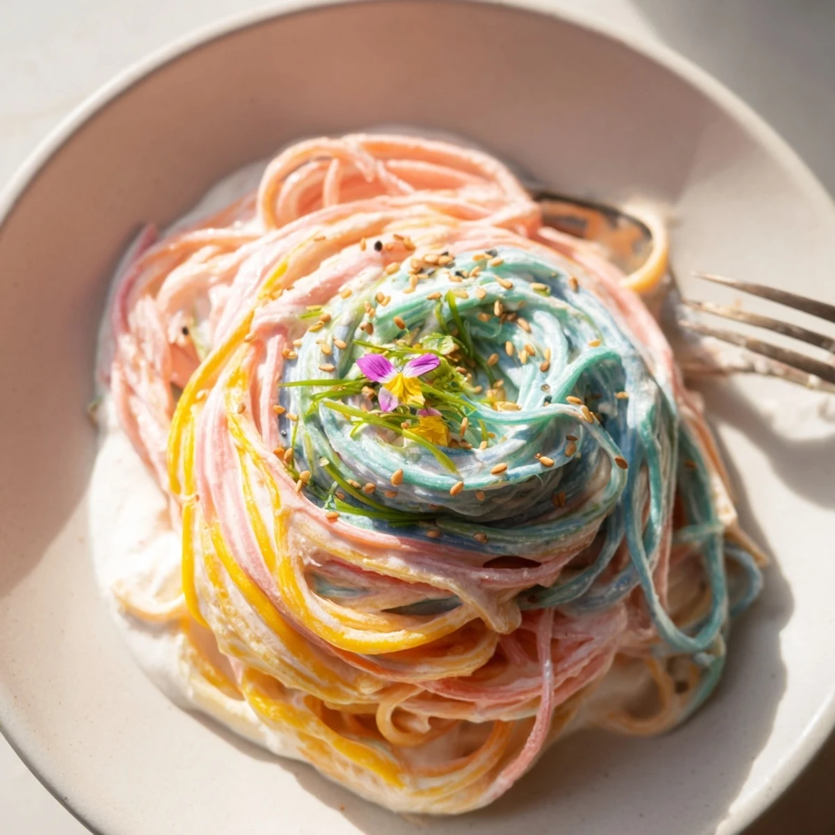 Close-up of colorful Neon Noodle Cloud pasta swirled in creamy sauce, perfect for parties.