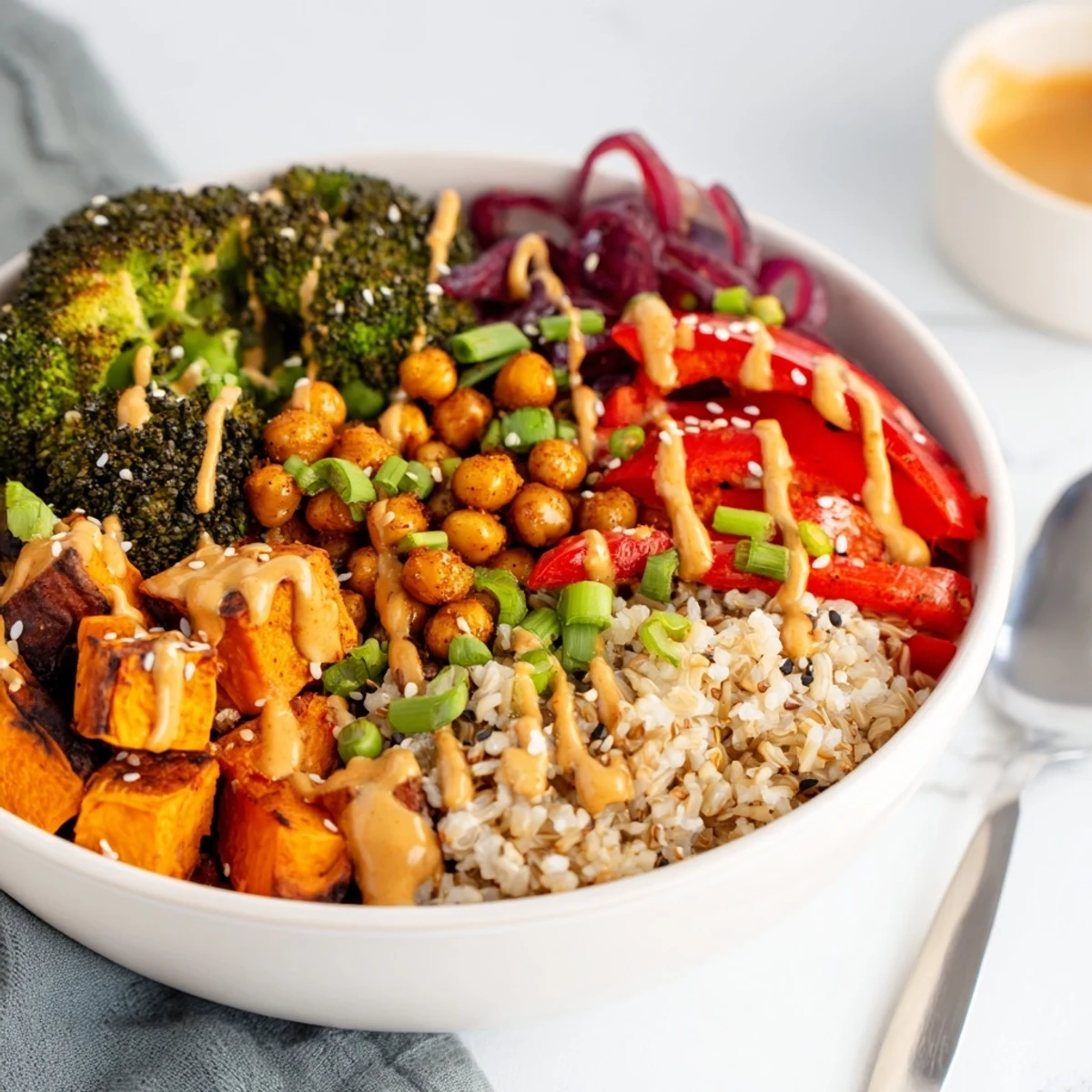 Vibrant Bold Sauce Drizzle Bowls packed with roasted veggies and rich sauces.  