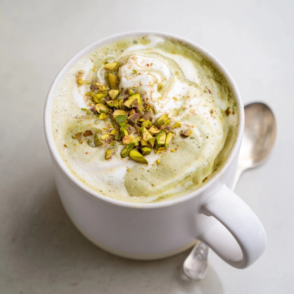 Creamy pistachio milk latte topped with crushed pistachios for added texture.  