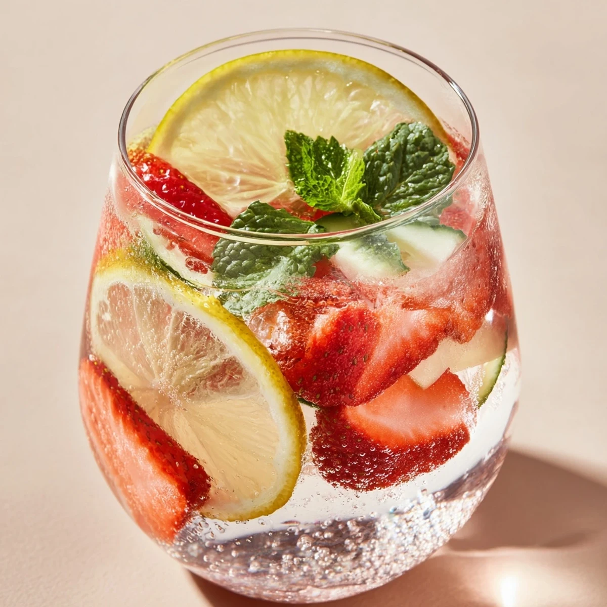 Refreshing water-based mocktails with fresh fruit and mint on a summer table.  