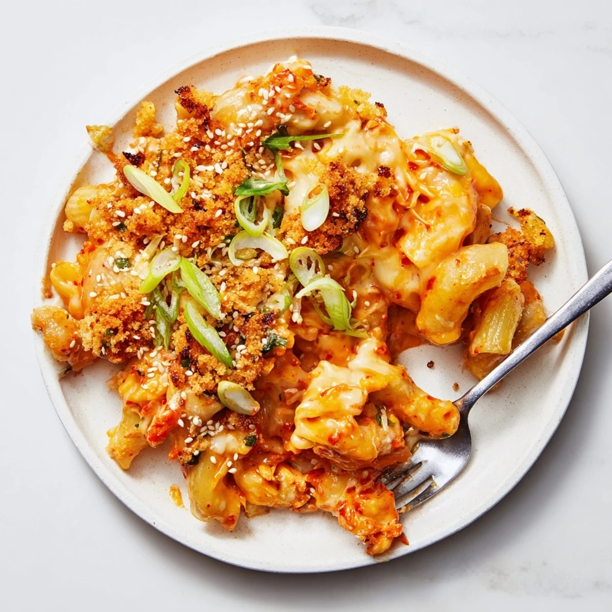 Deliciously spicy Kimchi Mac & Cheese, perfect for a comforting weeknight dinner.  