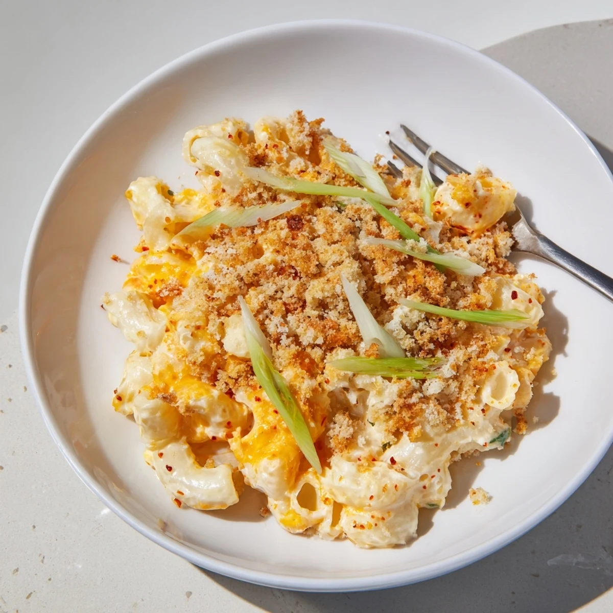 Mouthwatering Spicy Kimchi Mac & Cheese with melty cheeses and tangy kimchi flavor.