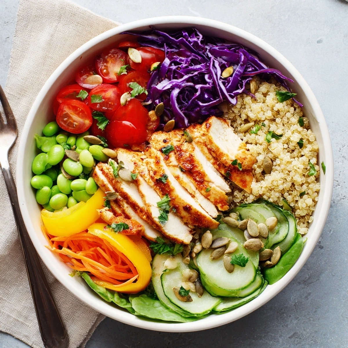 Colorful Healthy Meal-Prep Bowls with quinoa, chicken, and fresh vegetables arranged beautifully.  