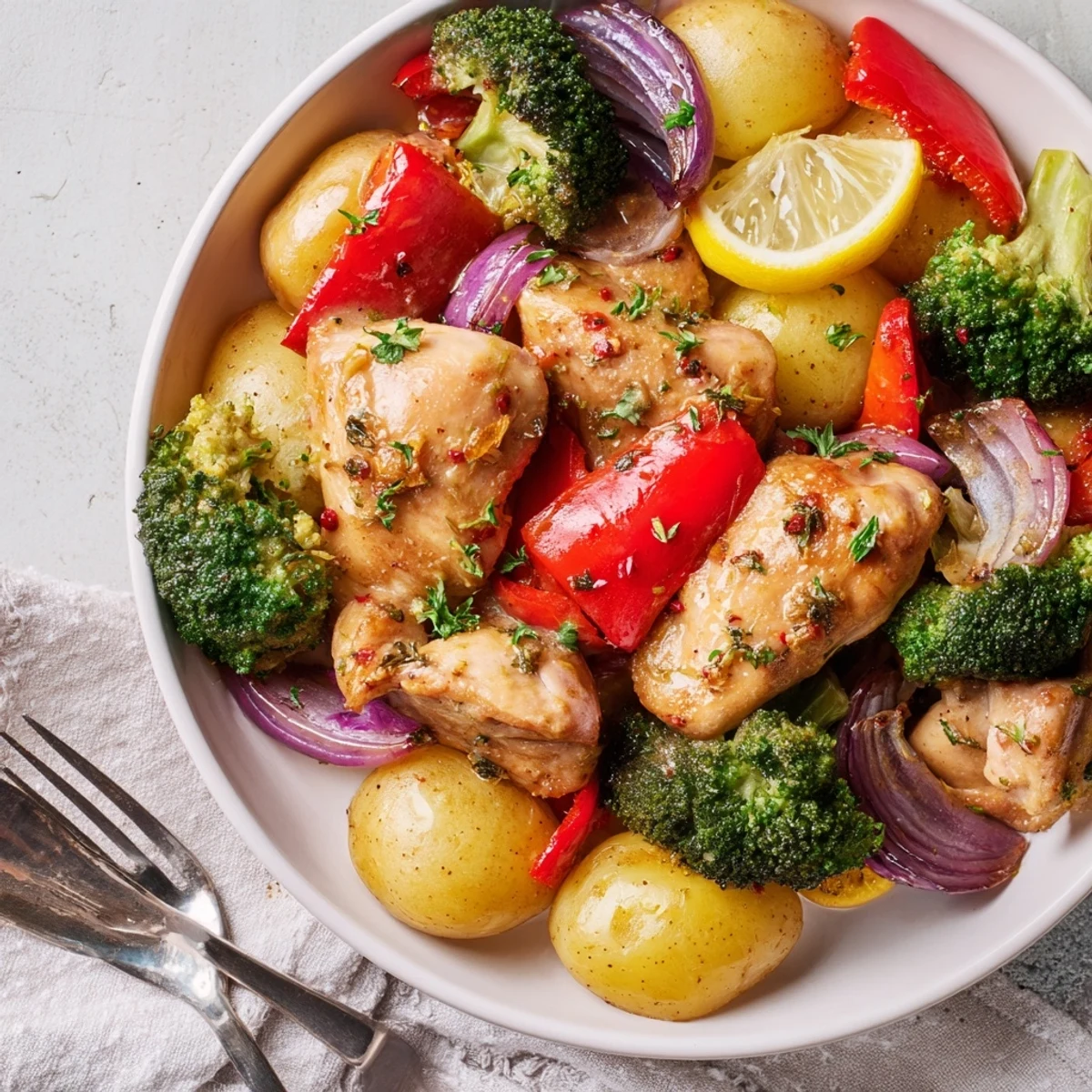 Aromatic Lazy Gourmet Chicken & Vegetable One-Pot dish served with fresh parsley and lemon.  