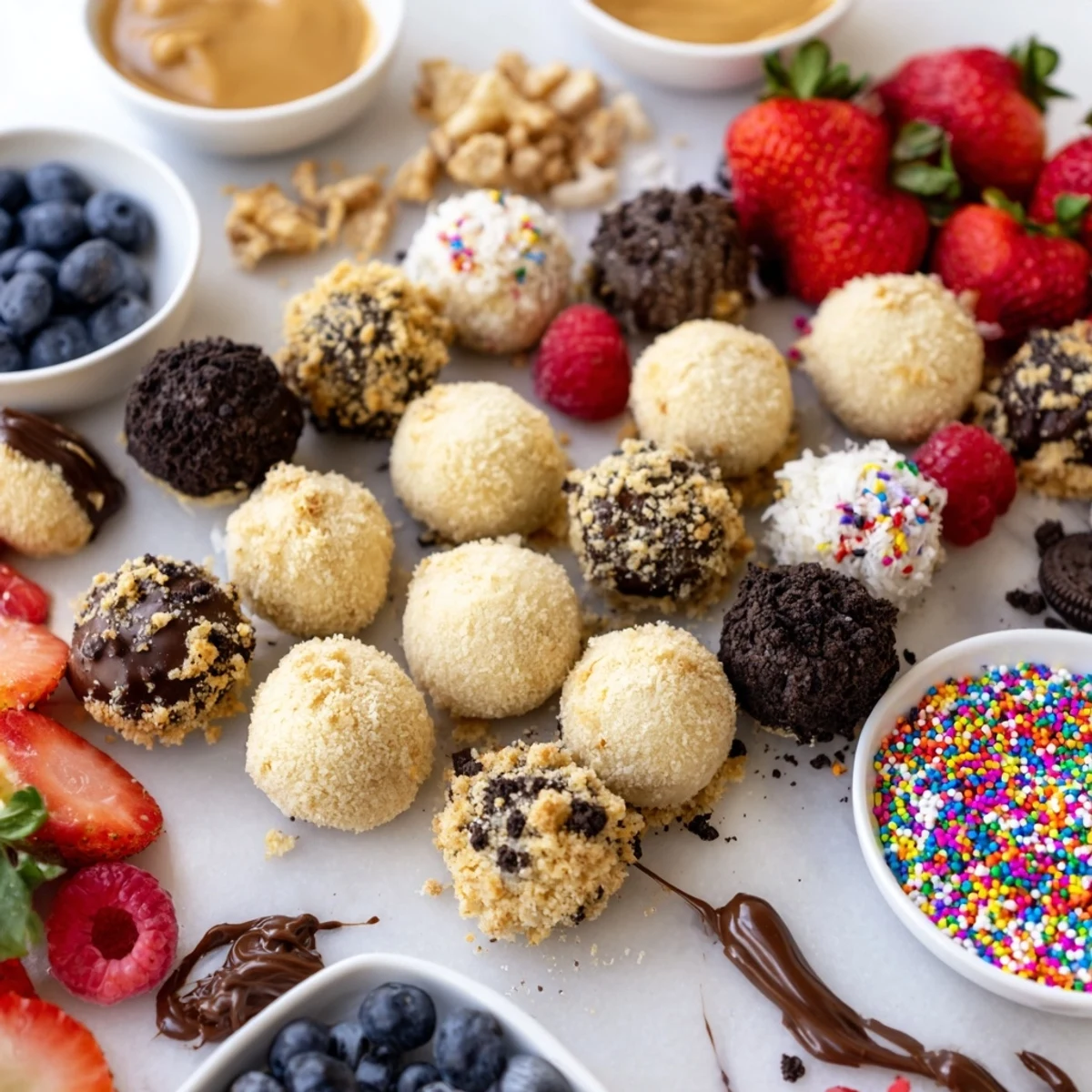 Creamy cheesecake bites are beautifully arranged with fresh berries and toppings.  