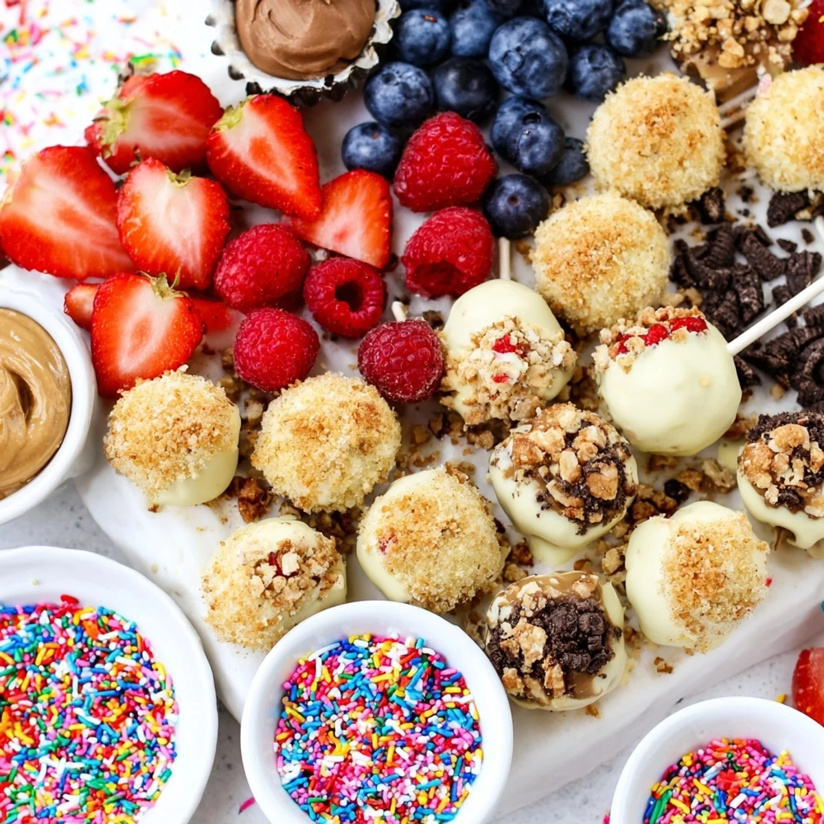 A colorful deconstructed dessert board featuring cheesecake bites and delicious toppings.  