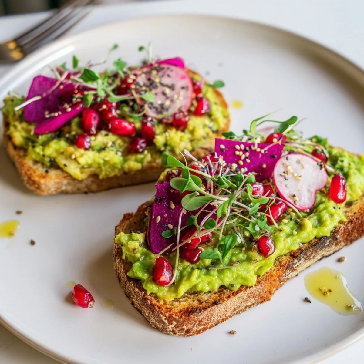 Vibrant Bright & Bold Breakfast Toasts topped with ube spread and fresh radishes.  