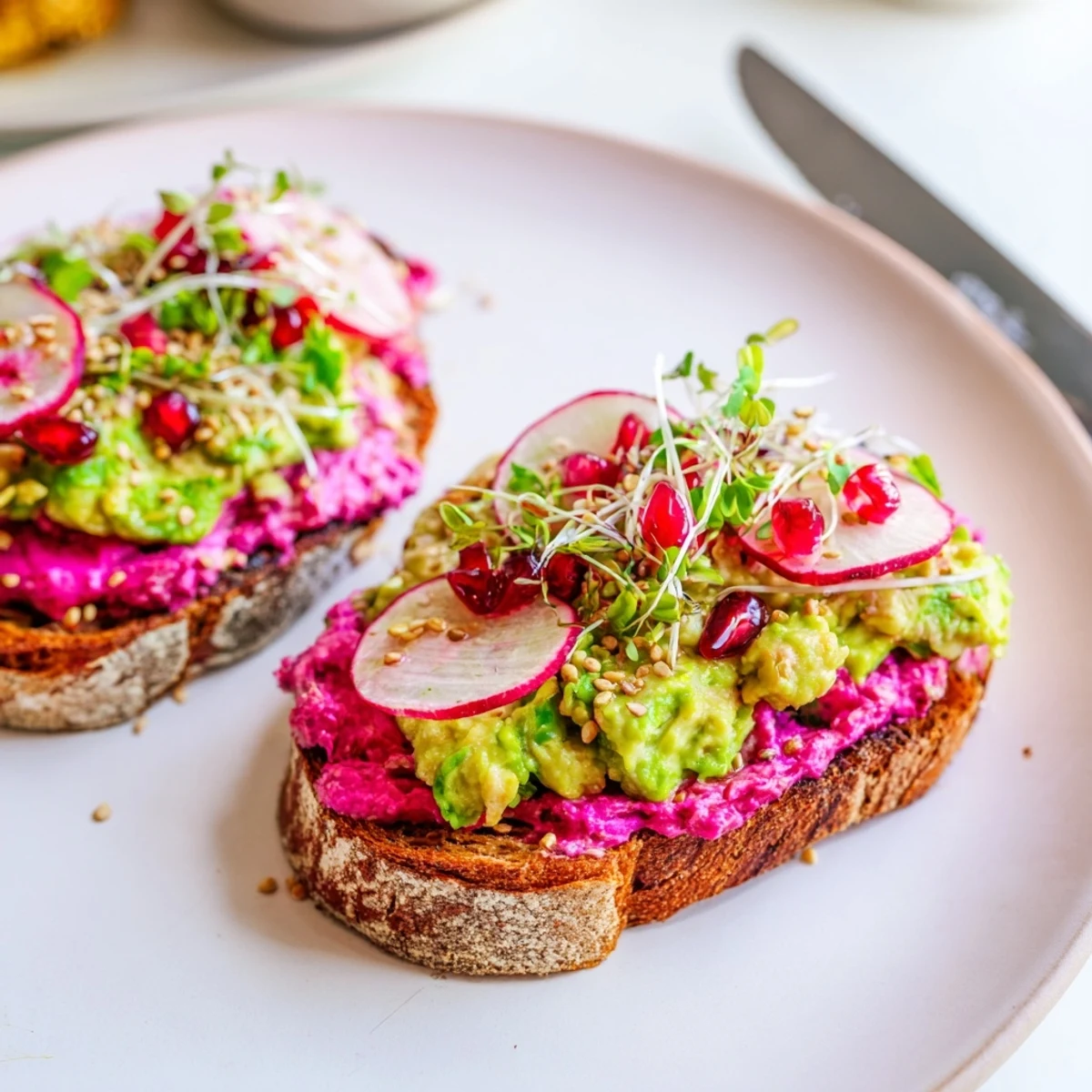 Delicious Bright & Bold Breakfast Toasts with layers of ube and crunchy microgreens.