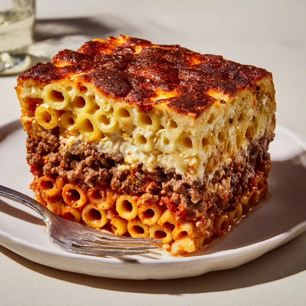Indulge in Greek Pastitsio, a comforting casserole of pasta and spiced beef.  