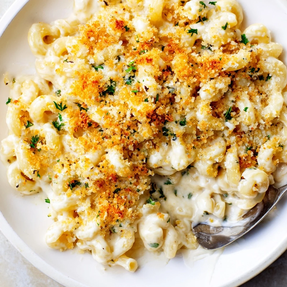 Rich and cheesy truffle macaroni, elegantly drizzled with extra truffle oil and herbs.