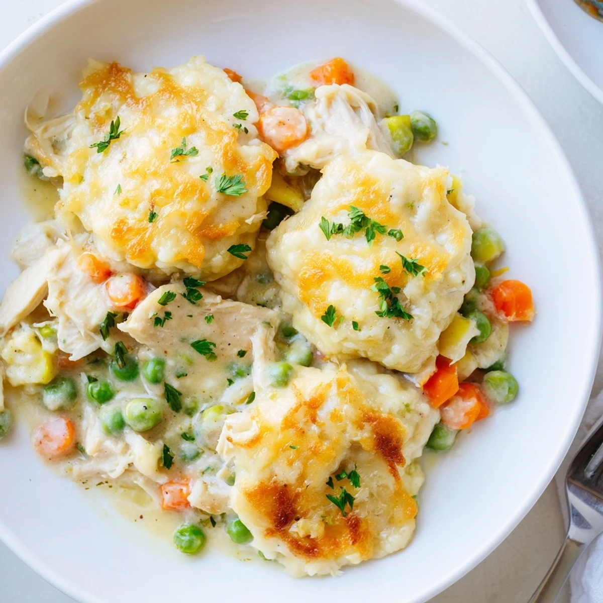 Hearty Chicken and Dumplings Casserole with golden, fluffy dumplings atop creamy chicken filling.  