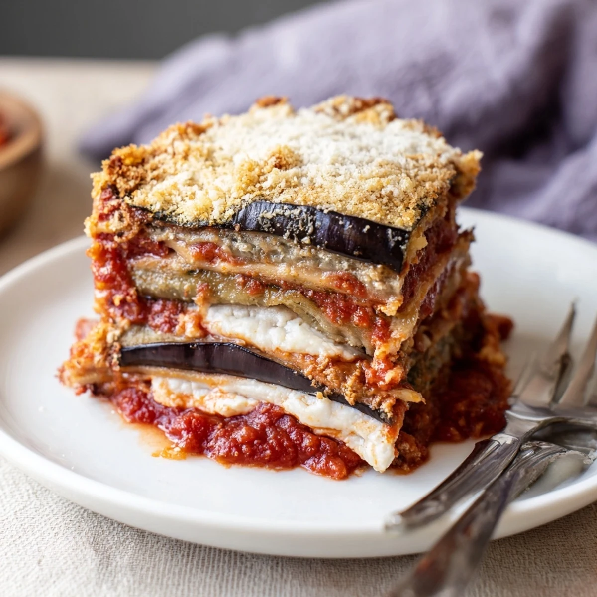 Golden-brown Eggplant Parmesan Lasagna layered with ricotta, mozzarella, and rich marinara sauce.  