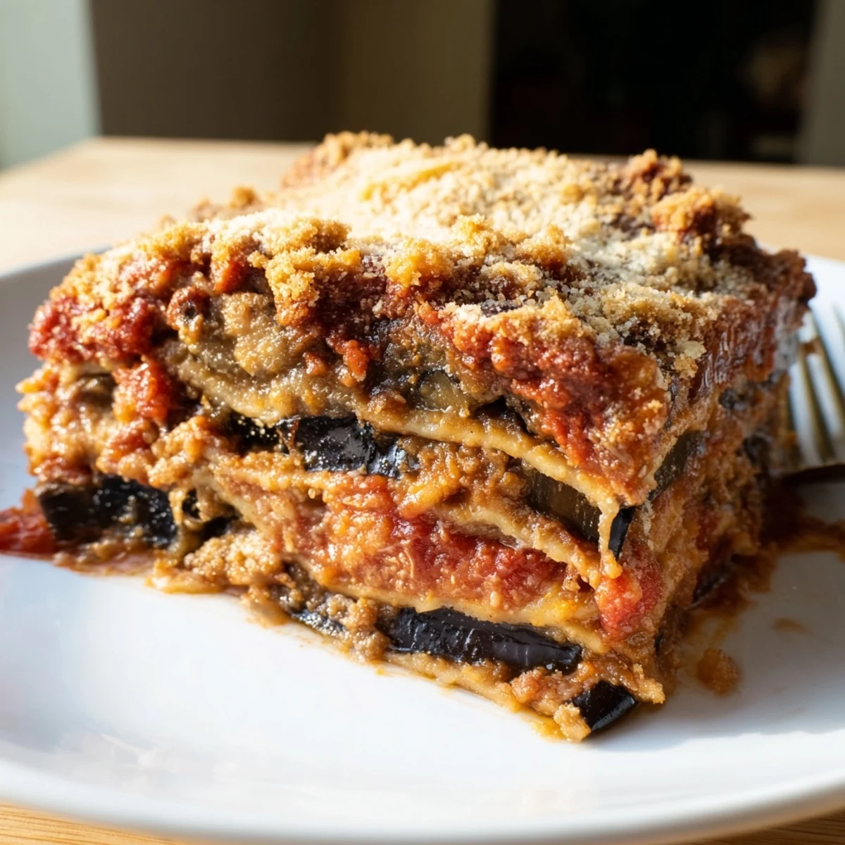 Comforting Eggplant Parmesan Lasagna, topped with bubbling cheese and fresh basil for garnish.  