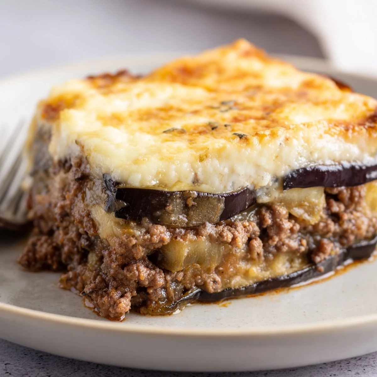Delicious Moussaka layers of roasted eggplant, spiced beef, and golden cheese crust. 