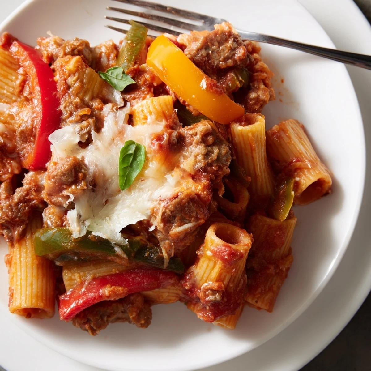 Golden-brown baked rigatoni with sausage and peppers, topped with melted cheese.