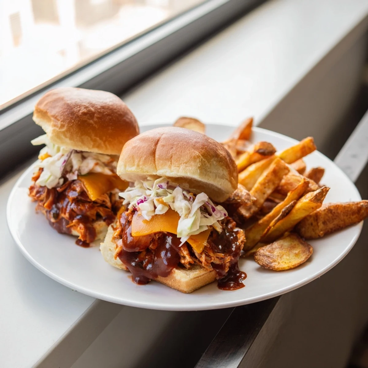 Golden-brown BBQ Chicken Sliders piled high, alongside a generous serving of crispy fries.